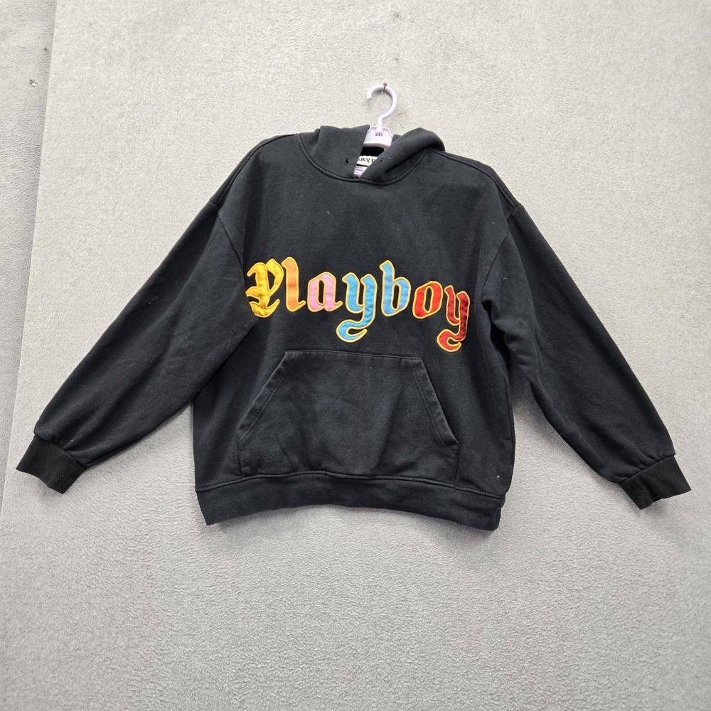Playboy by Pacsun Men Hoodie L Black Embroidered Logo Fleece Pocket Pullover